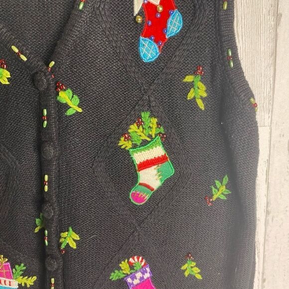 Hampshire Studio Black Christmas Beaded Appliqué Embroidered Sweater Vest PS Vtg - Picture 5 of 7
